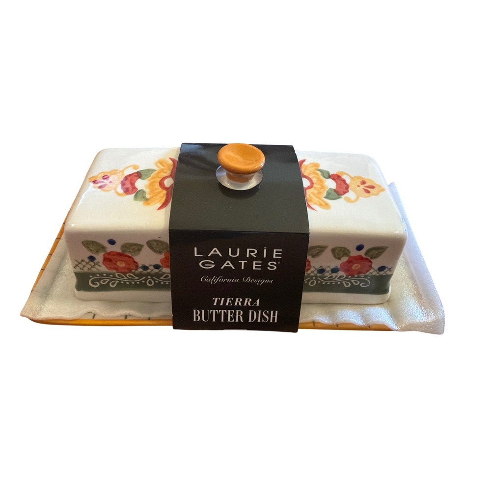 Laurie Gates California Designs Tierra Butter Dish Hand Painted Stoneware Floral